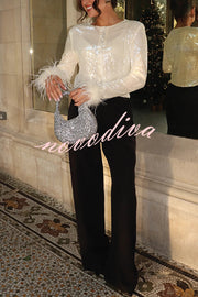 Cocktails First Sequin Button Up Long Sleeve Feather Cuff Party Top