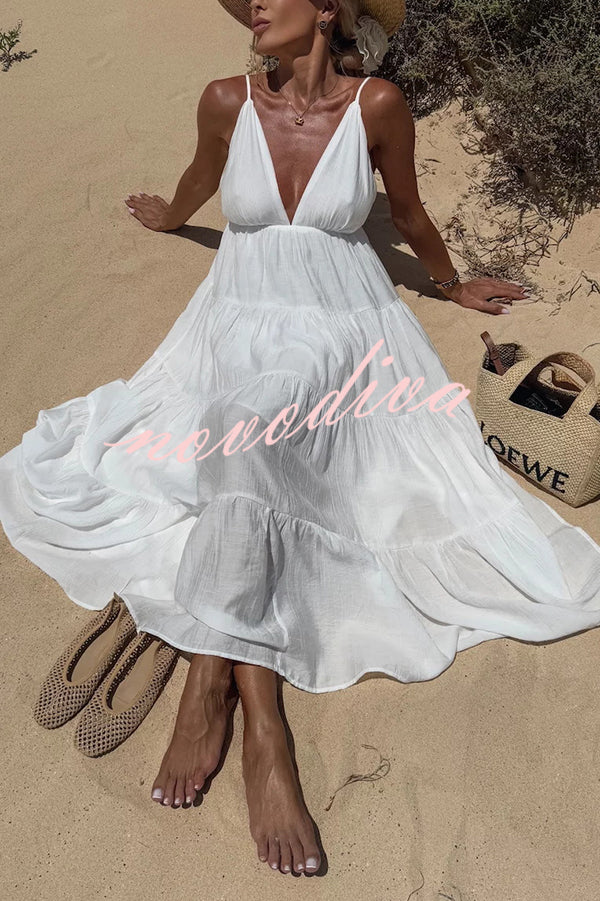 Bohemian Style V-neck Backless Slip Layered Vacation Maxi Dress