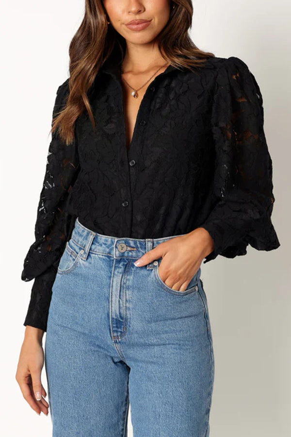 Sexy Hollow Lapel Casual Lace Shirt Top