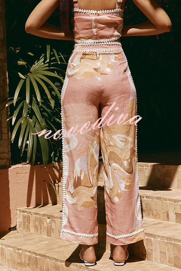 European Summer Linen Blend Ric Rac Trims High Rise Pocket Loose Pants