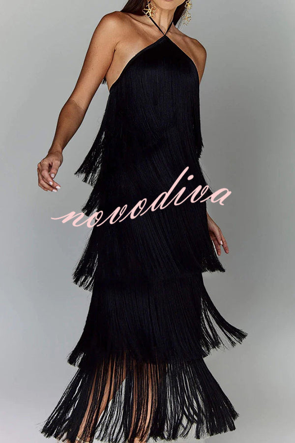 Sexy Halterneck Backless Elegant Fringe Maxi Dress