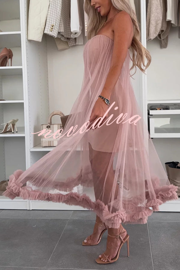 Fairytale Charm Tulle Off Shoulder Ruffles Trim A-line Midi Dress