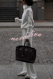 Morning Coffee Walks Ribbed Turtleneck Long Sleeve Sweatshirt and Elastic Waist Pocketed Loose Pants Set
