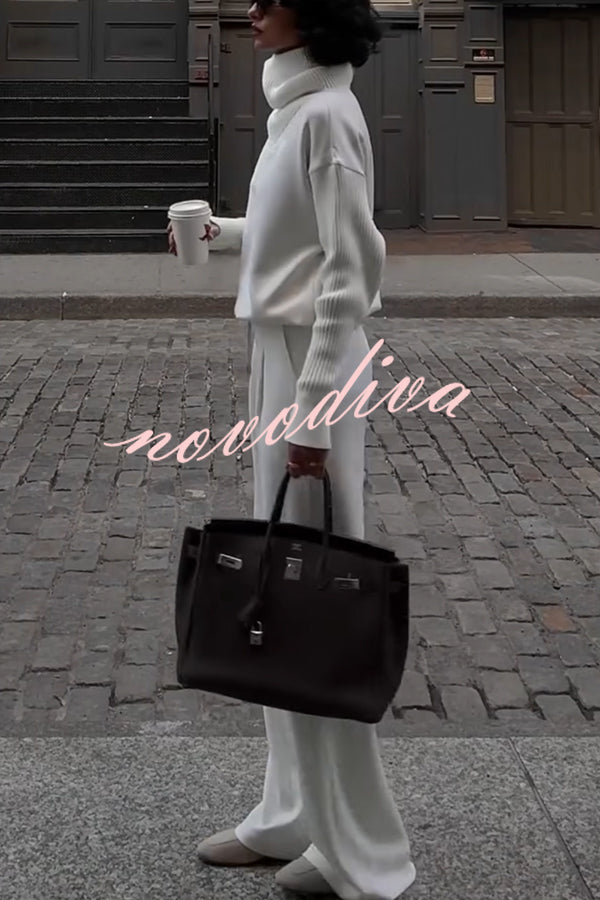 Morning Coffee Walks Ribbed Turtleneck Long Sleeve Sweatshirt and Elastic Waist Pocketed Loose Pants Set