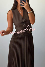 Stylish Rosette Sleeveless Tank Top and Pleated Maxi Skirt Set