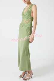 Wonderful Fusion Satin Lace Trim See-through Waist V-neck Drape Maxi Dress