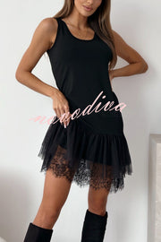 Breezy City Tulle Lace Tiered Hem Stretch Tank Mini Dress
