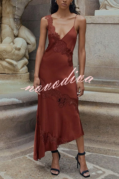 Sexy Lace Stitching Suspender V-neck Asymmetrical Maxi Dress