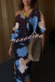 Mara Pleated Fabric Metallic Speckled Color Block Print One Shoulder Maxi Dress