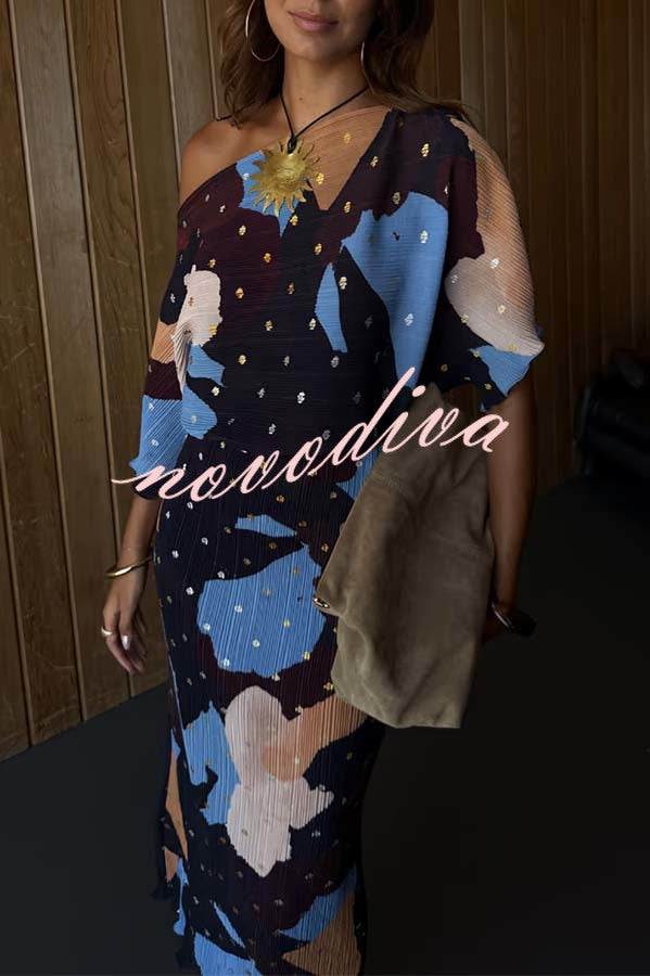 Mara Pleated Fabric Metallic Speckled Color Block Print One Shoulder Maxi Dress