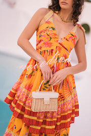 Tropical Sunset Unique Print Pleated Tie-up Straps Tiered Midi Dress