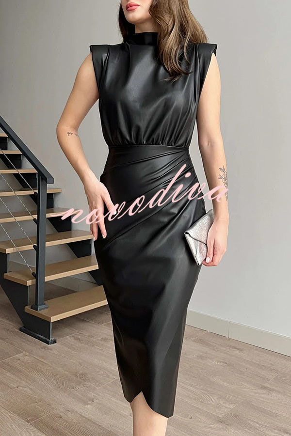 Elouise Faux Leather Turtleneck Shoulder Pads Ruched Slit Midi Dress