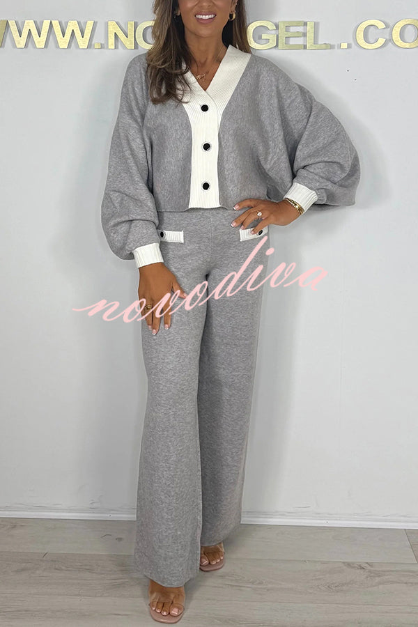 Fashion Contrast Color V-neck Loose Cardigan and Elastic Waist Casual Pants Set