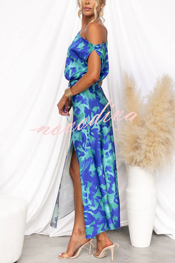 Satin Unique Print One Shoulder Tie Waist Slit Maxi Dress