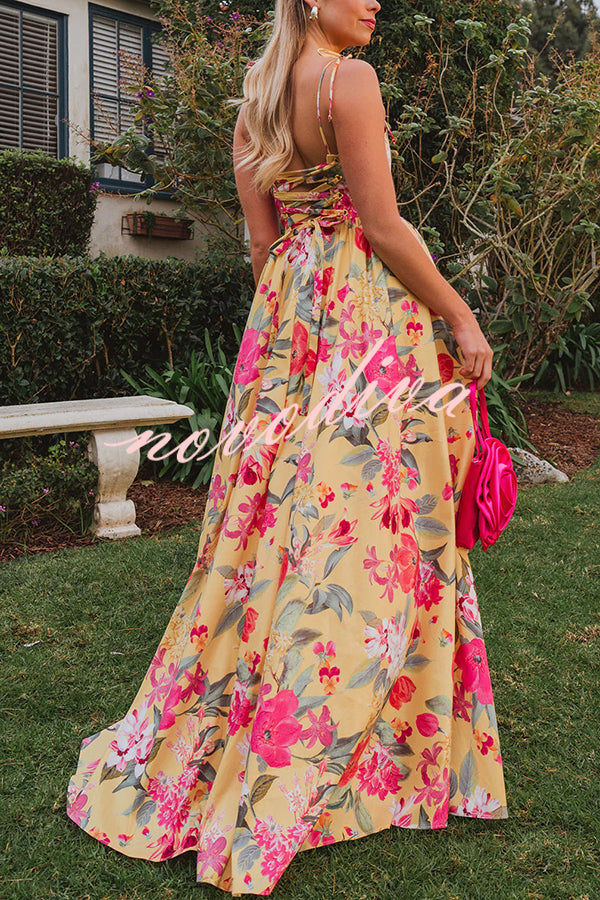 Garden Wedding Floral Print Back Tie-up Pocketed Slit Maxi Dress