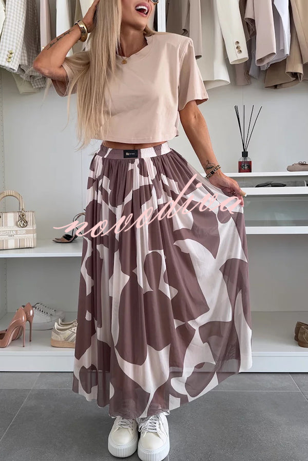 Colorblock Print Elastic Waist Relaxed Tulle Maxi Skirt