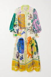 Boldness and Art Unique Print Balloon Sleeve Patchwork Shirt Midi Dress