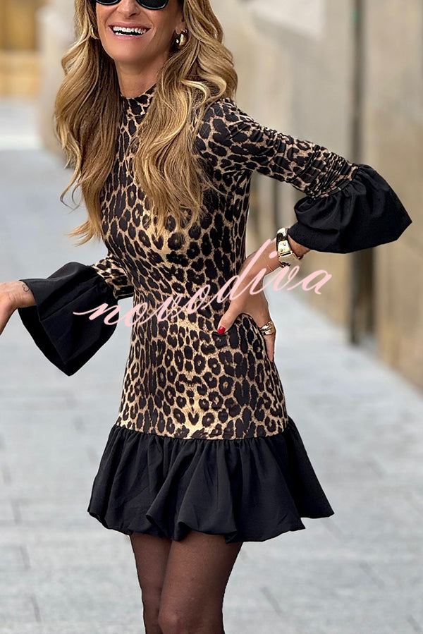 Stevie Leopard Print Patchwork Bell Sleeve Stretch Mini Dress