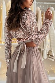 Holiday Party Sequin Long Sleeve Back Satin Tie-up Crop Top