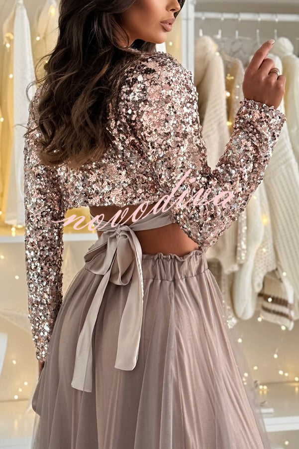 Holiday Party Sequin Long Sleeve Back Satin Tie-up Crop Top