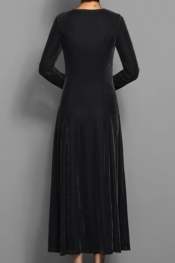 Solid Color Velvet Round Neck Long Sleeve Slim Midi Dress