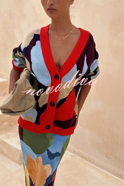 Bright and Bold Knit Abstract Color Blocks Button Long Sleeve Loose Cardigan