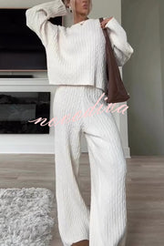 Autumn Travel Knit Cable Long Sleeve Sweater and Elastic High Waist Wide Leg Pants Set