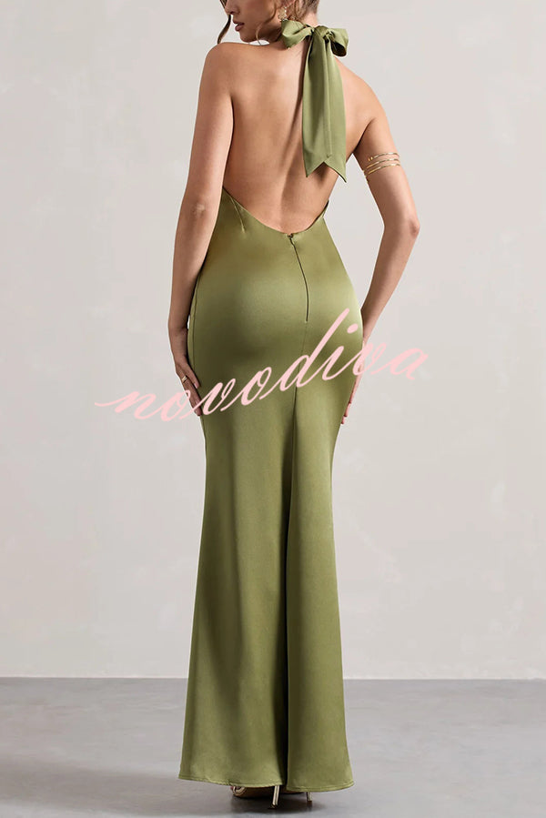 Solid Color Halter Neck Tie Sexy Backless Slim Maxi Dress