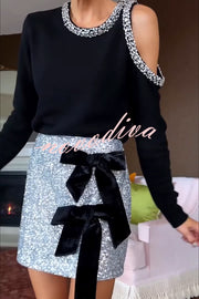 Holiday Party Sequin Velvet Bow Detail High Rise Stretch Mini Skirt