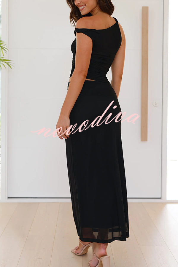 Solid Color Mesh Splicing Waist-baring Slim Maxi Dress