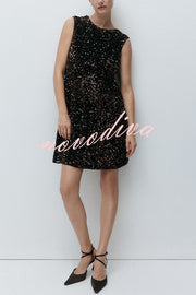 Glam Season Velvet Sequin Back Oversized Bow Design Sleeveless Loose Mini Dress