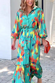 Multicolor Printed Lapel Balloon Sleeves Tie-waist Maxi Dress