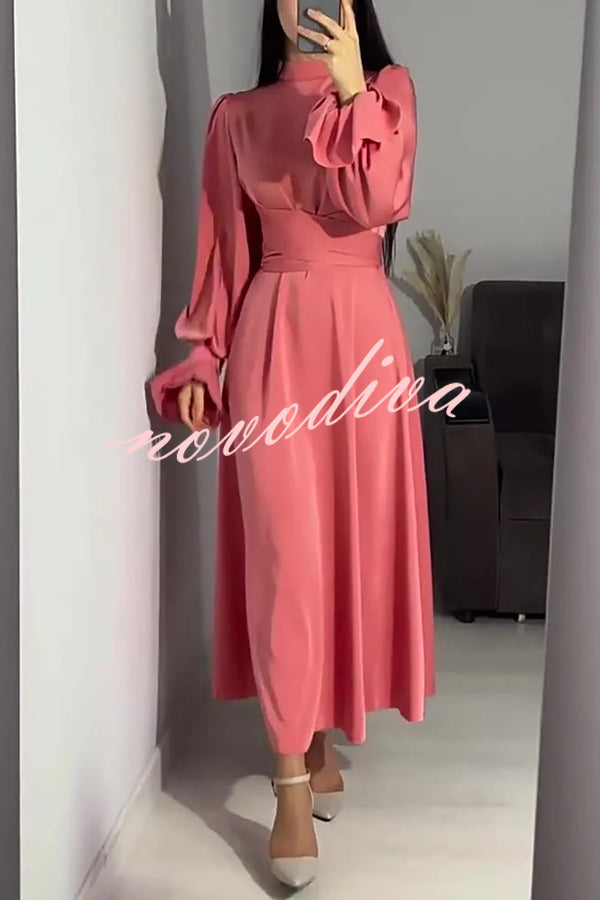 Solid Color Ruffled Sleeves Waisted Tie Slim Fit Maxi Dress