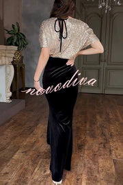 Elegant V-neck Sequined Velvet Stitching Sexy Slit Maxi Dress