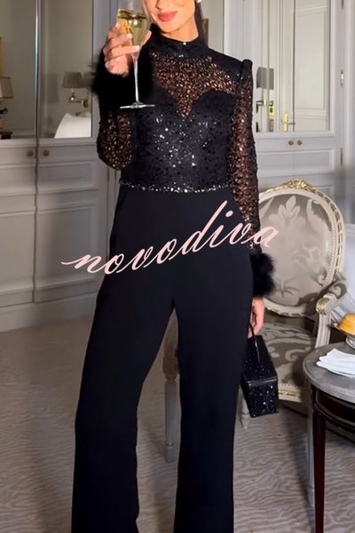 Aerie Sequin Embellished Mock Neck Long Sleeve Feather Cuff Flare Jumpsuit