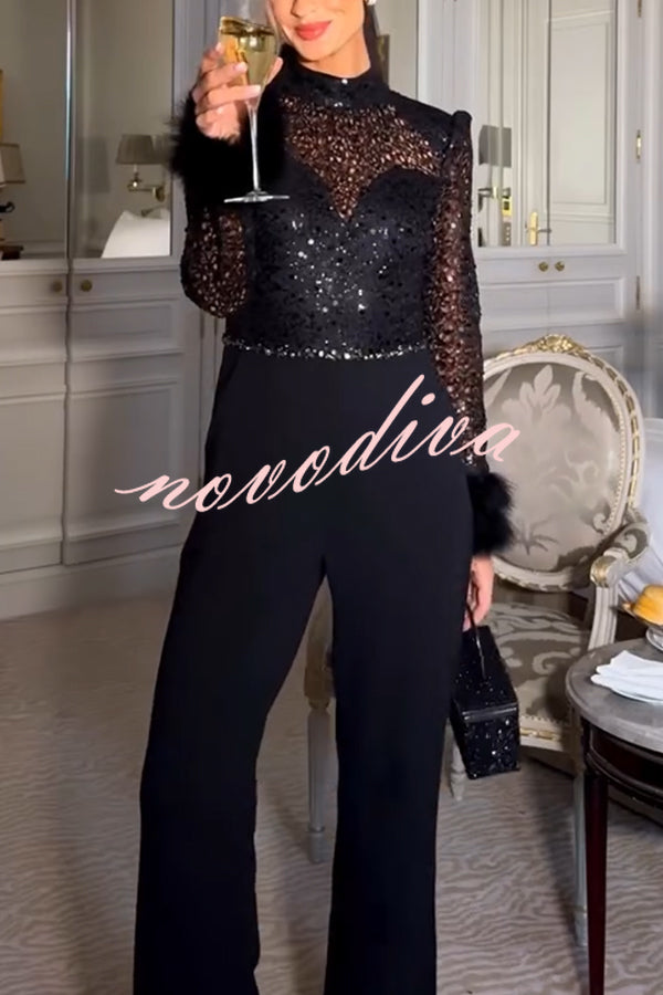 Aerie Sequin Embellished Mock Neck Long Sleeve Feather Cuff Flare Jumpsuit