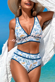 Solid Color Contrast High Waist Stretch Bikini Swimsuit