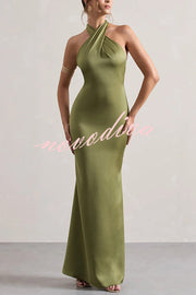 Solid Color Halter Neck Tie Sexy Backless Slim Maxi Dress