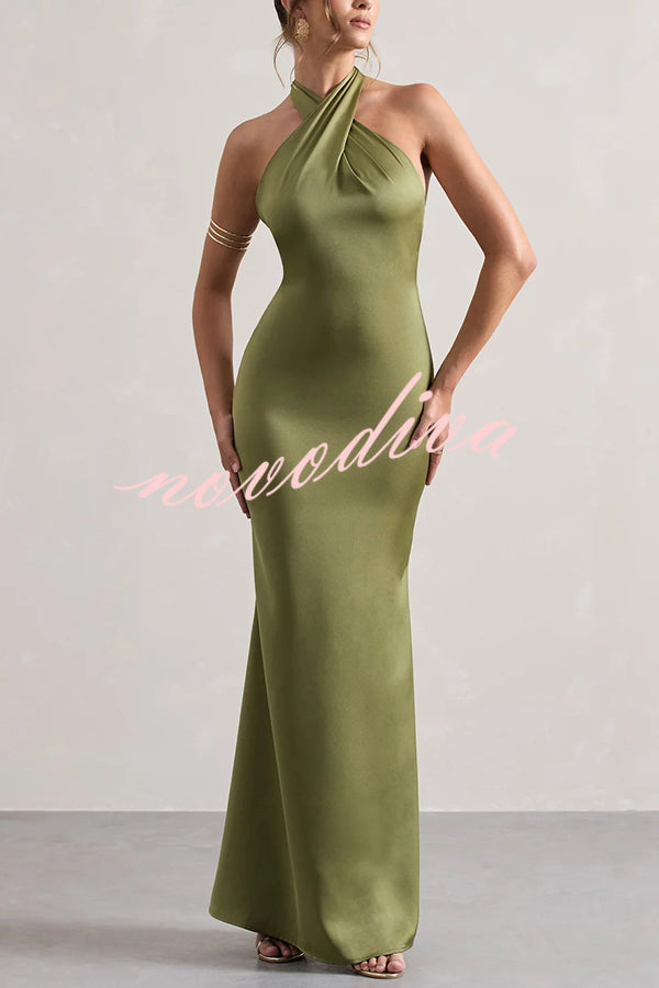 Solid Color Halter Neck Tie Sexy Backless Slim Maxi Dress