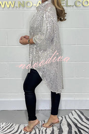 Party Season Solid Color Sequin Button Long Sleeve High Low Shirt