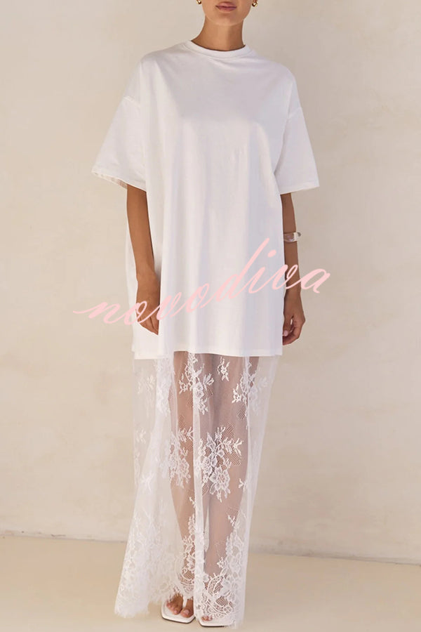 Ophelia Short Sleeve Sheer Floral Lace Hem Oversized T-shirt Maxi Dress