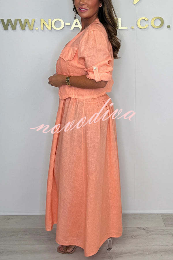 Solid Color Casual Short Jacket and Suspender Pleated Maxi Dress Set