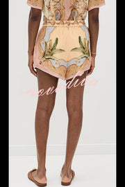Royalty Unique Print Button Up Short Sleeve Shirt and Elastic Waist Pocketed Loose Shorts Set