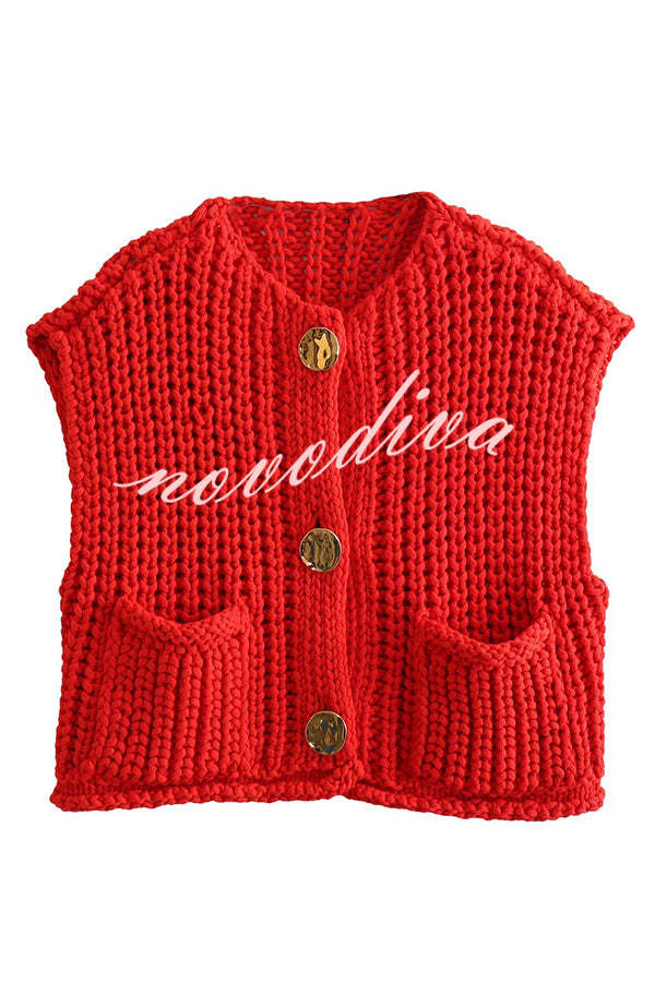 Solid Color Sleeveless Pocket Knitted Vest