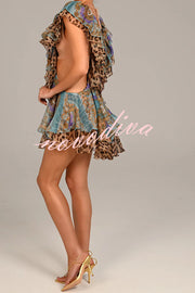 Dreamy Island Floral Leopard Print Cutout Waist Tiered Ruffles Mini Dress