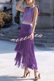 Elegant Tassel Hem Elastic Waist Casual Maxi Skirt
