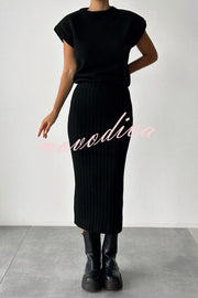 Triko Knit Short Sleeve Sweater and Stretch Ribbed Midi Skirt Set