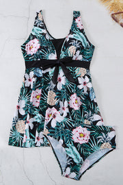 Cheerful Floral Print Bow Detail Tankini Swimsuit Set