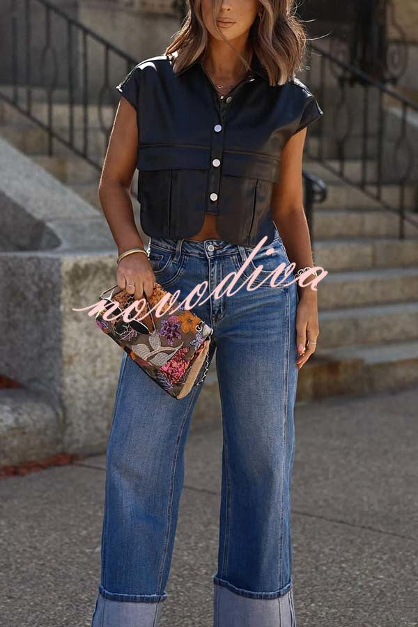 Stylish Weekend Faux Leather Button Up Cape Sleeve Pocket Crop Top