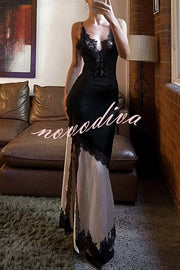 Soft and Romantic Satin Lace Trim Colorblock V-neck Side Slit Maxi Dress